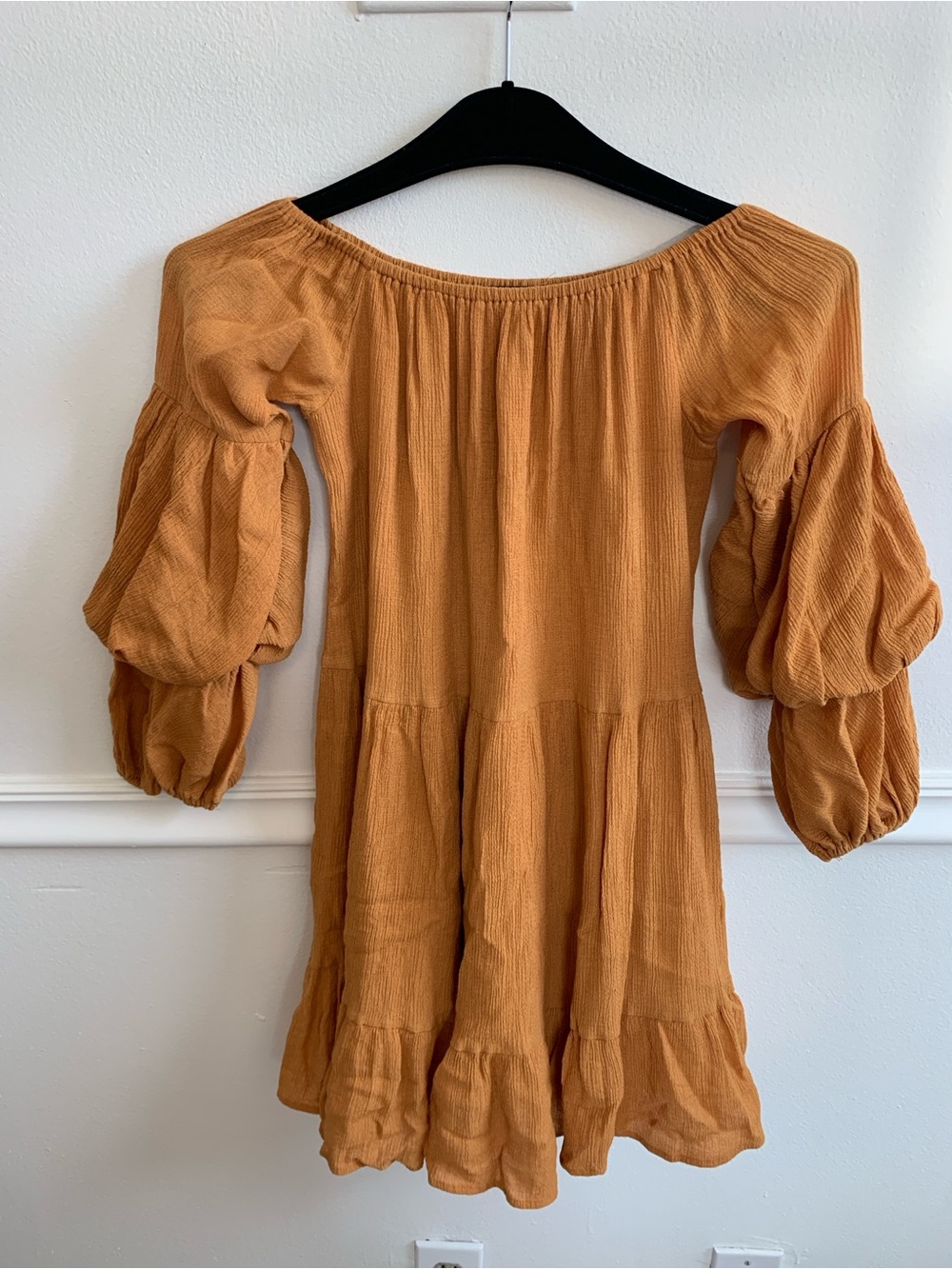 Off-Shoulder Tiered Long-Sleeve Dress in Mustard Yellow